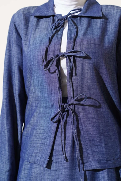 Önü İp Bağcıklı Tensel Etekli Takım Lacivert - Resim 4