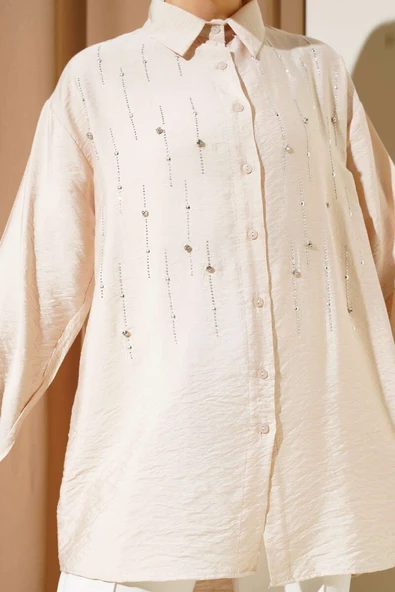 Omuz Taş Sıralı Gömlek Bej - Resim 4