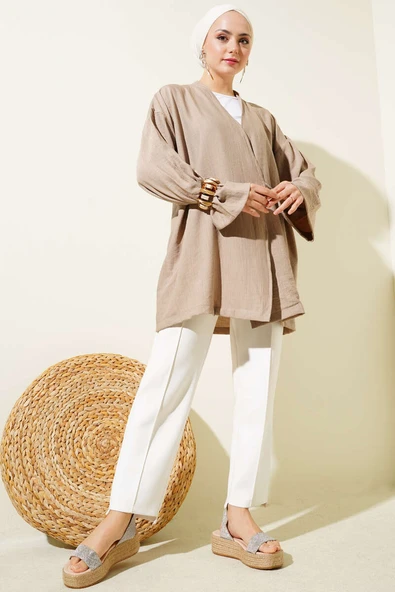 Yandan Çift İp Bağlamalı Kimono Latte - Resim 2