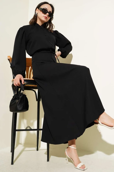 İp Kuşaklı Düğmeli Etekli İkili Takım Siyah ürün görseli 1