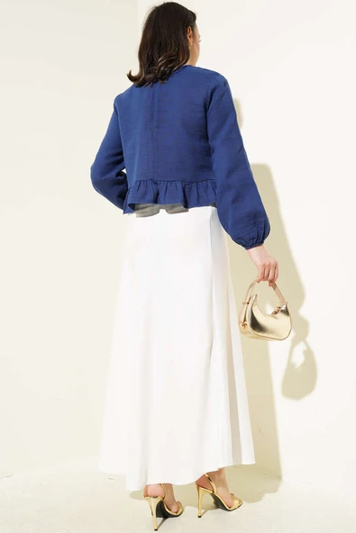 Fırfırlı Keten Bluz Lacivert - Resim 3