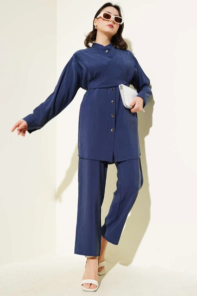 Omuzdan Bağlamalı Tencel İkili Takım Lacivert ürün görseli 1