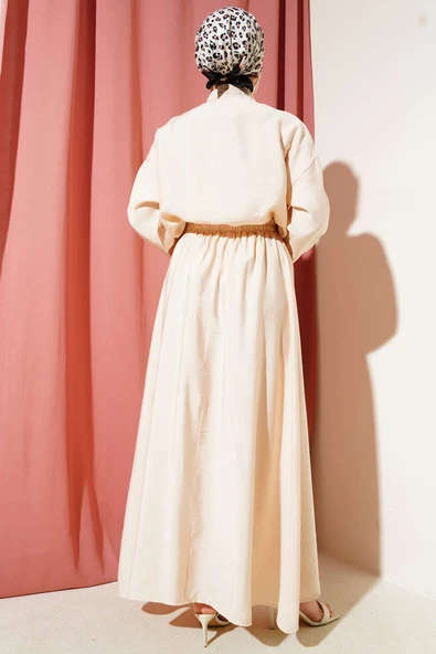 Yatay Pile Detaylı Etekli İkili Takım Bej - Resim 3