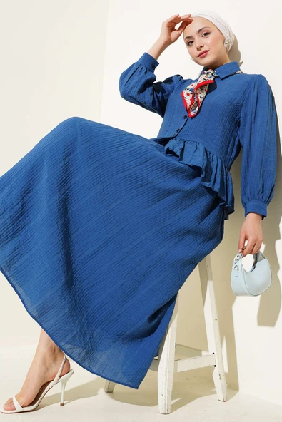 Düğmeli Fırfırlı Etekli İkili Takım İndigo ürün görseli 1