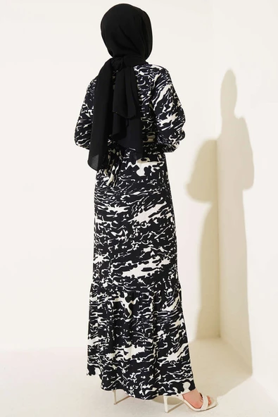 Beli Lastikli Karışık Desen Bürümcük Elbise Siyah - Resim 3