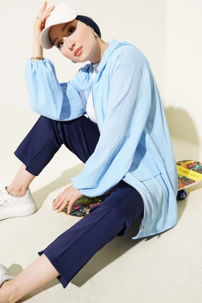 Kapüşonlu Fermuarlı Ağaç Kabuğu Kap Mavi ürün görseli 1