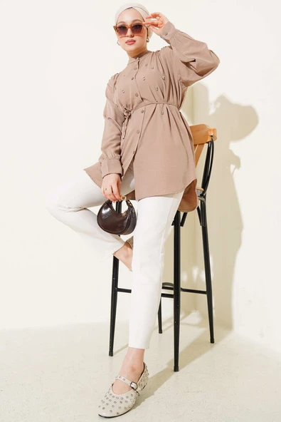 İp Kuşaklı Taşlı Gömlek Vizon - Resim 2