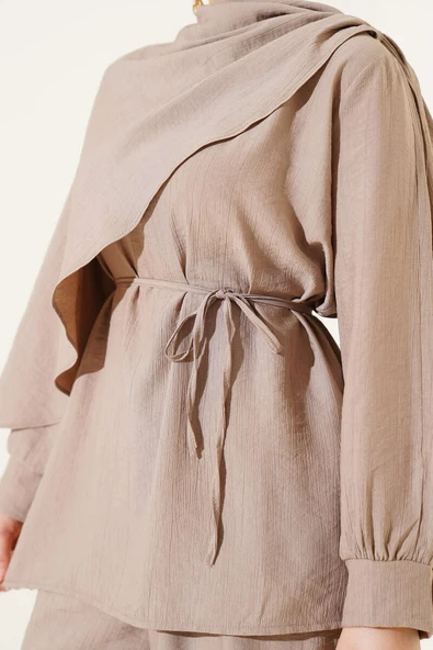 Pelerin Detaylı Tunik İkili Takım Vizon - Resim 4