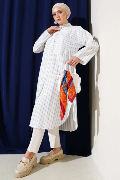 Asimetrik Çizgili Uzun Keten Gömlek Mavi - Resim 2