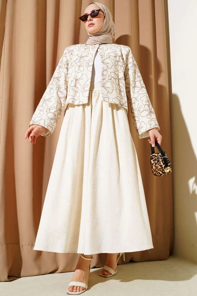 Desen Nakışlı Etekli Ceket İkili Takım Kahve ürün görseli 1