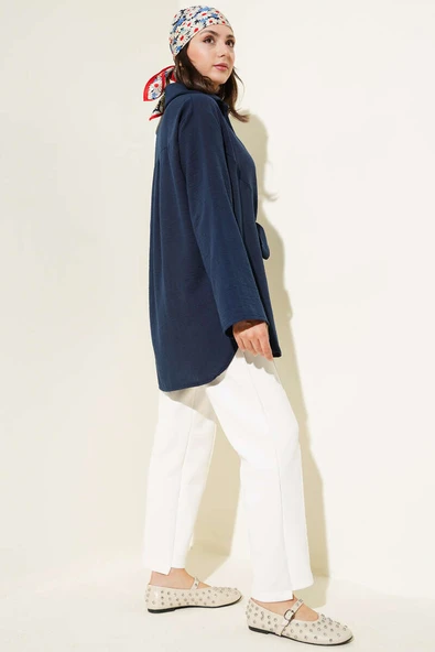 Önü Bağlama Detaylı Keten Kimono Lacivert - 3