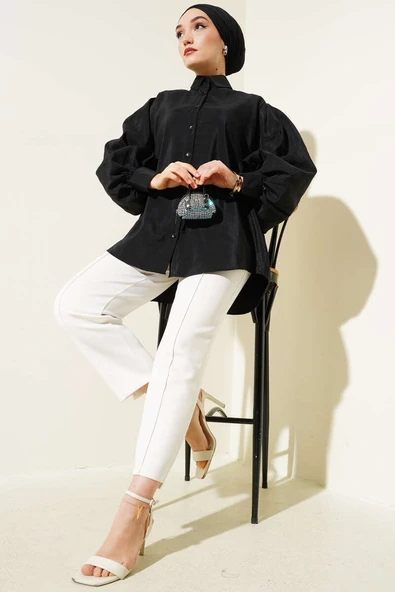 Kırışık Doku Balon Kol Gömlek Siyah - Resim 2