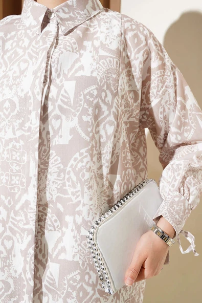 Desenli Bilek Bağcıklı Gömlek Bej - Resim 4