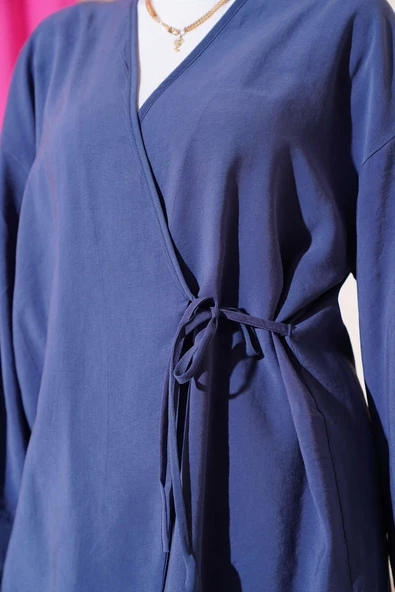Yandan İp Bağcıklı Kimono İkili Takım İndigo - Resim 4