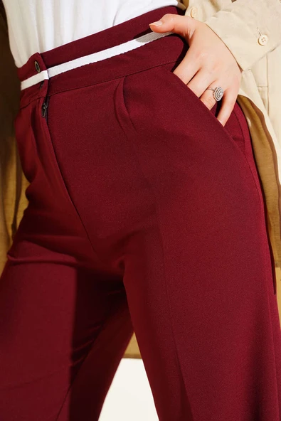 Bel Şeritli Düğmeli Palazzo Pantolon Bordo - Resim 4