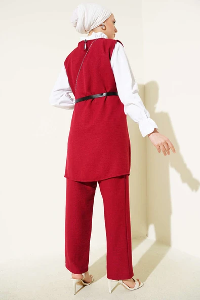 Düğme Detaylı Kemerli Üçlü Takım Bordo - Resim 3