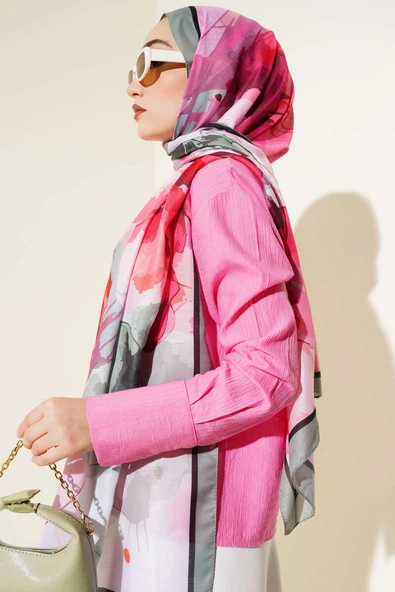 Ebruli Çiçek Desen Soft Şal Çağla Yeşili - Resim 3