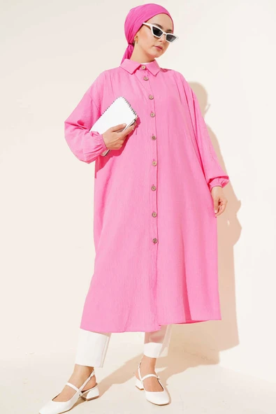 Tahta Düğmeli Uzun Tunik Pembe - Resim 2