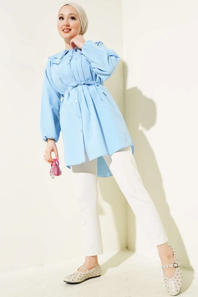 Çift Yaka İp Kuşaklı Gömlek Bebe Mavi - Resim 2