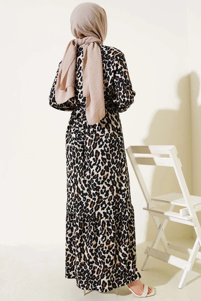 Leopar Desen Bel Lastikli Volanlı Bürümcük Elbise Leopar - Resim 3