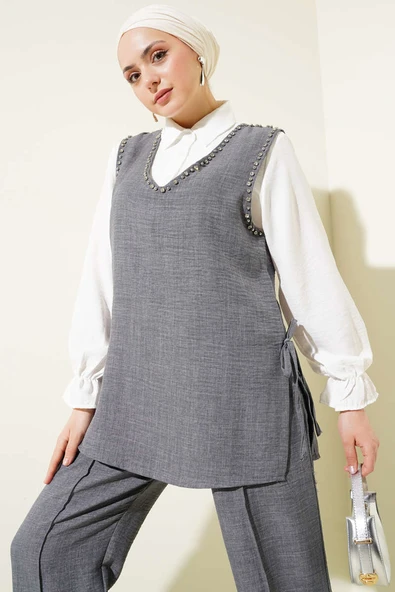 Taş Süslemeli Yan Bağlamalı Üçlü Takım Füme - Resim 2