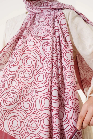 Çizgi Gül Desen Soft Şal Pudra - Resim 4