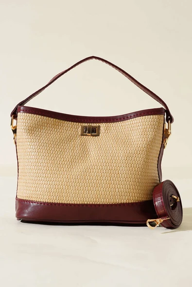 Hasır Görünümlü Çanta Bordo - Resim 2