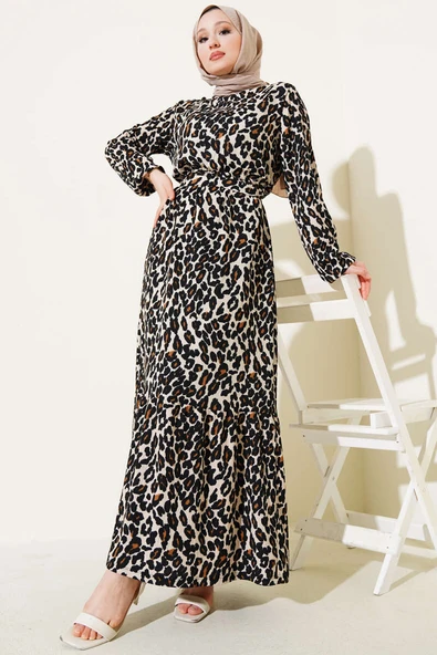 Leopar Desen Bel Lastikli Volanlı Bürümcük Elbise Leopar ürün görseli 1