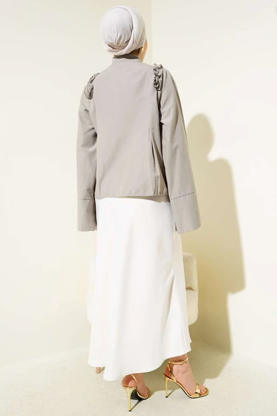 Omuz Fırfır Büzgülü Kısa Gömlek Taş - Resim 3