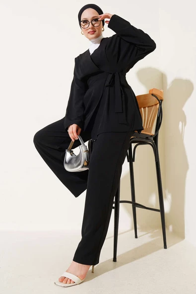 Bel Pensli Yandan Bağlamalı İkili Takım Siyah - Resim 2