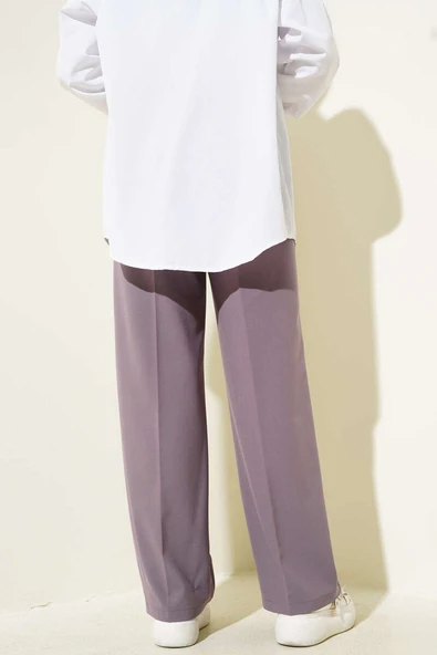 Geniş Paça Düğmeli Kumaş Pantolon Lila - Resim 3