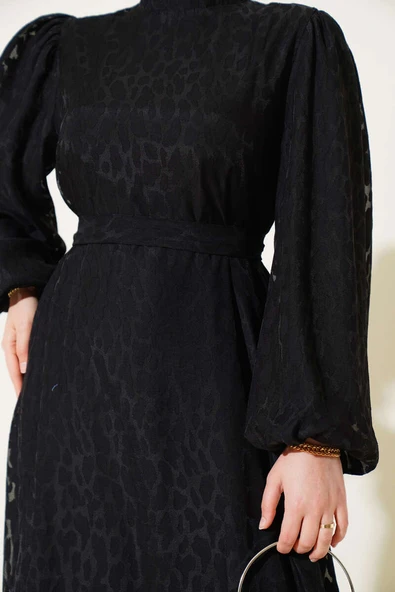 Balon Kol Kendinden Desenli Elbise Siyah - 4