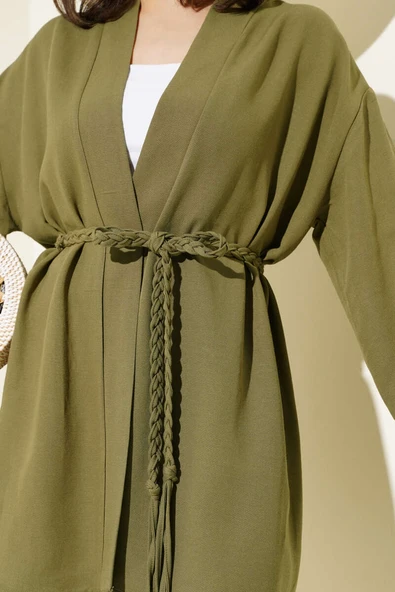 Örgü Kemerli Kimono Haki - Resim 4