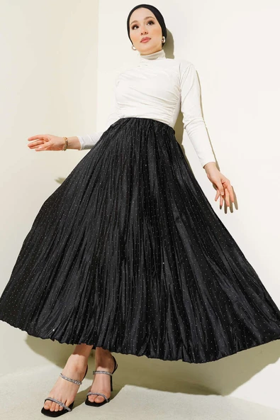 Mini Taşlı Pileli Saten Etek Siyah - 2