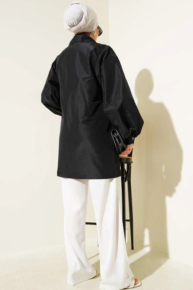 Yan Bağlamalı Parlak Tafta Ceket Siyah - Resim 3