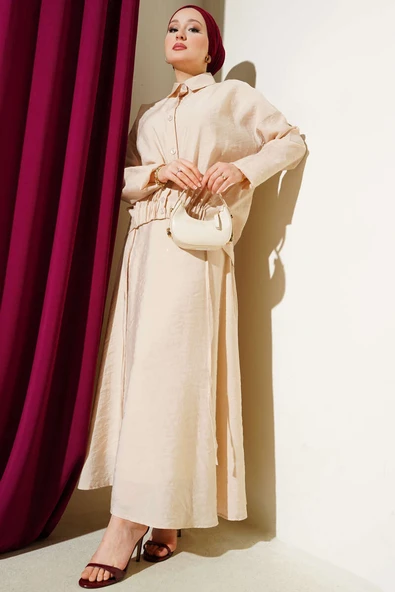 Lastik Detaylı Etekli İkili Takım Bej ürün görseli 1