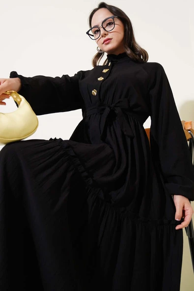 Fırfırlı Düğmeli Elbise Siyah - 2