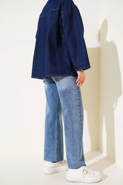 Lazer Kesim Bol Paça Pantolon Orta Mavi Kar - Resim 3