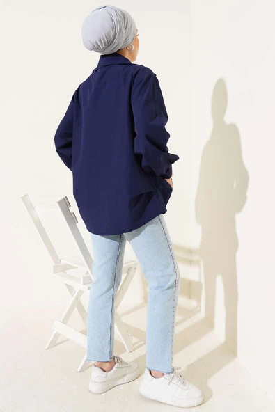 V Yaka Cepli Tunik Lacivert - Resim 3
