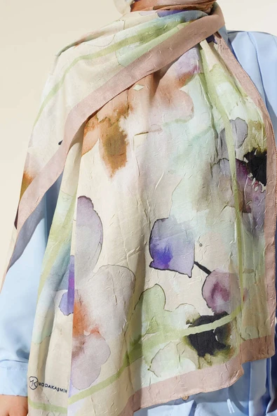 Çiçek Desenli Bambu Şal Bej - Resim 4