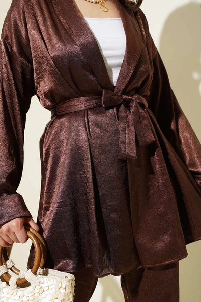 Kuşaklı Kırışık Saten İkili Takım Kahve - Resim 4