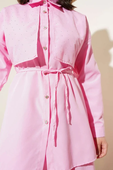 Taşlı Pelerinli Etekli İkili Takım Pembe - Resim 4