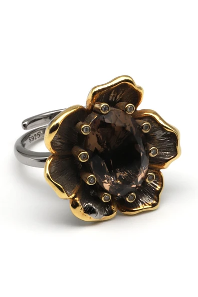 Dumanlı Kuvars Doğal Taş 925 Ayar Gümüş Ayarlanabilir Yüzük - Resim 2