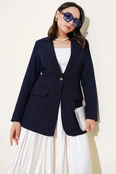 Cep Kapaklı Tek Düğmeli Blazer Ceket Lacivert ürün görseli 1