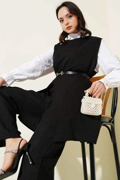 Düğme Detaylı Kemerli Üçlü Takım Siyah - Resim 2