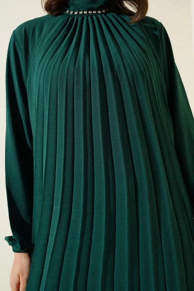 Yaka Taşlı Pileli Tunik İkili Takım Zümrüt Yeşili - Resim 4