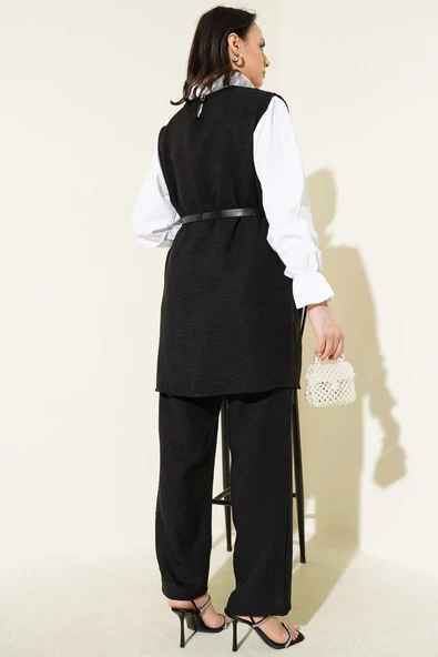 Düğme Detaylı Kemerli Üçlü Takım Siyah - Resim 3