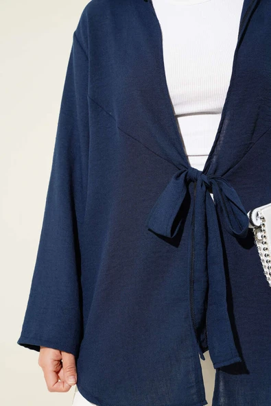 Önü Bağlama Detaylı Keten Kimono Lacivert - 4