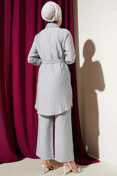 Çift Göğüs Cepli Kuşaklı İkili Takım Gri - Resim 3