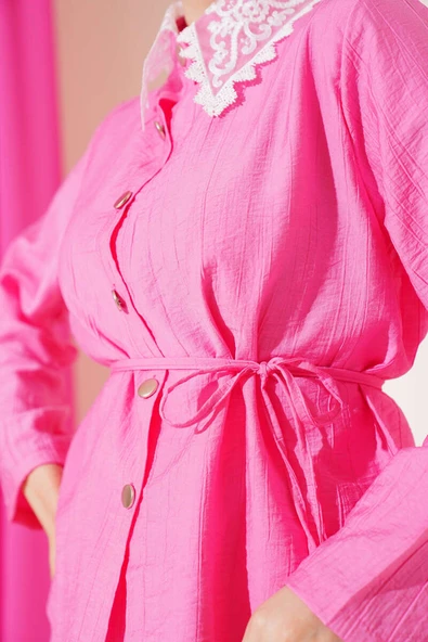 Dantel Yaka Etekli İkili Takım Pembe - Resim 4